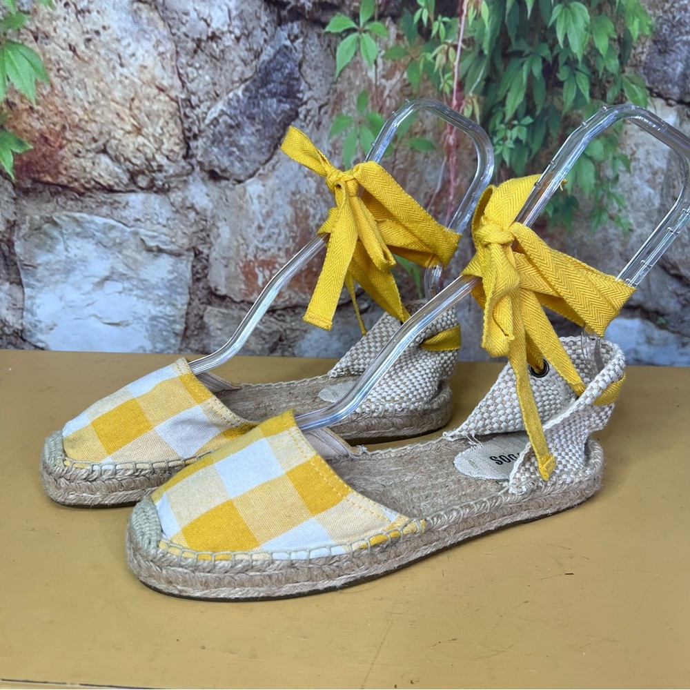 SOLUDOS Nautical Yellow/White Buffalo Check Lace-Up Espadrille Sandals, 7.5/38 - Picture 2 of 11